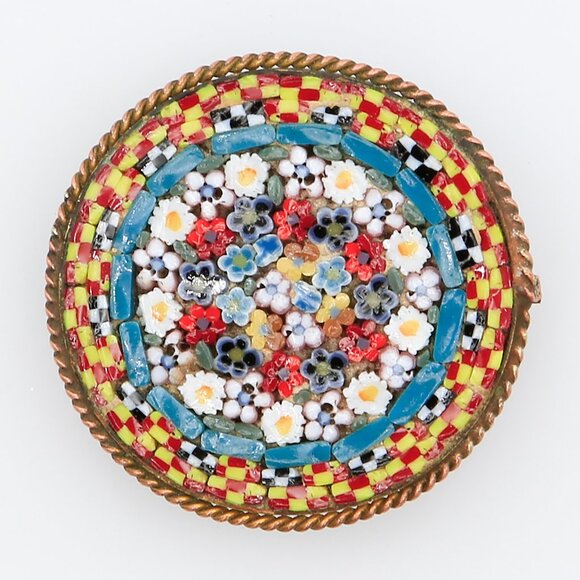 Jewelry - Antique Early Art Deco Italian Tiny Micromosaic Detail Floral Glass Brooch 1920s